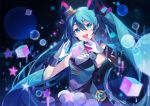  1girl :d asymmetrical_sleeves bangs black_sleeves blue_eyes blue_hair detached_sleeves floating_hair gloves hair_between_eyes hat hatsune_miku highres long_hair long_sleeves magical_mirai_(vocaloid) mini_hat mini_top_hat open_mouth shiny shiny_hair single_sleeve smile solo standing top_hat upper_body very_long_hair vocaloid white_gloves yayako_(804907150) 