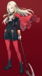  1girl axe bangs black_footwear black_jacket black_shorts blonde_hair boots cape closed_mouth commentary_request edelgard_von_hresvelg fire_emblem fire_emblem:_three_houses forehead full_body gloves hair_ribbon high_heel_boots high_heels highres holding holding_axe hyuuga_azuri jacket juliet_sleeves long_hair long_sleeves looking_at_viewer pantyhose parted_bangs puffy_sleeves purple_ribbon red_background red_cape red_legwear ribbon shorts simple_background sleeves_past_wrists solo v-shaped_eyebrows very_long_hair violet_eyes white_gloves 