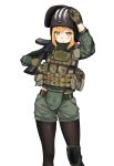  1girl assault_rifle camouflage commentary digital_camouflage english_commentary escape_from_tarkov gloves gun helmet highres jizi load_bearing_vest looking_at_viewer military orange_eyes orange_hair original pantyhose plate_carrier rifle short_shorts shorts single_knee_pad solo visor_lift weapon white_background 