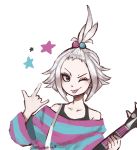  dress_shirt guitar homika_(pokemon) instrument momo_(shoobiewaifu) one_eye_closed pokemon pokemon_(game) pokemon_bw2 shirt striped tongue tongue_out white_hair 