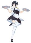  1girl alternate_costume apron black_footwear black_hair blue_eyes bow bowtie choker enmaided highres holding holding_tray leg_up looking_to_the_side maid maid_apron maid_dress maid_headdress mary_janes original shoes short_hair simple_background solo thigh-highs tray ult_one white_background white_legwear yellow_neckwear 