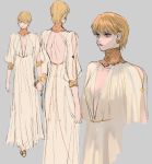  10000lovers 1girl arm_cutout back backless_dress backless_outfit blonde_hair breasts brown_eyes center_opening character_sheet choker closed_eyes dress earrings genderswap genderswap_(mtf) gorget gown grey_background highres hunter_x_hunter jewelry kurapika long_dress looking_away multiple_views parted_lips short_hair shoulder_cutout simple_background sketch small_breasts turnaround wallet white_dress 