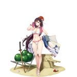  bikini breasts brown_hair food fruit large_breasts nagato_(warship_girls_r) ponytail sandals standing swimsuit sword turret violet_eyes warship_girls_r watermelon weapon white_bikini wooden_sword zi_se 