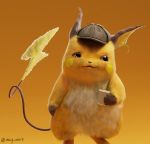  3d brown_eyes commentary creature cup detective_pikachu detective_pikachu_(movie) english_commentary feet_out_of_frame gen_1_pokemon hat holding holding_cup looking_away looking_to_the_side mcgmark mug no_humans orange_background pokemon pokemon_(creature) raichu realistic simple_background solo standing 