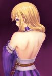  1girl back bare_shoulders blonde_hair blue_eyes breasts dress idolmaster idolmaster_cinderella_girls long_hair looking_back ootsuki_yui open_mouth sash sideboob simple_background solo sweat urakawa_yuuki 