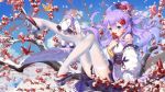  1girl azur_lane bare_shoulders blue_eyes blue_hair breasts clouds cloudy_sky commentary_request detached_sleeves eyebrows_visible_through_hair floating_hair flower flower_request garter_belt geta gradient_hair hair_between_eyes hair_flower hair_ornament haneru highres holding holding_flower in_tree japanese_clothes kimono legs_up looking_at_viewer medium_hair multicolored_hair origami paper_crane purple_hair purple_skirt sitting sitting_in_tree skirt sky sleeveless sleeveless_kimono small_breasts snow solo thigh-highs tree unicorn unicorn_(azur_lane) unicorn_(prayer_of_plum_and_snow)_(azur_lane) white_kimono white_legwear white_sleeves 