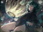  1girl black_dress blue_eyes breasts closed_mouth dress frown green_eyes green_hair heterochromia long_sleeves looking_at_viewer medium_hair motion_blur one-punch_man side_slit small_breasts solo tagame_(tagamecat) tatsumaki 