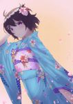  1girl black_hair blue_kimono blush cherry_blossoms hair_ornament hairclip hanekawa_tsubasa japanese_clothes kimono monogatari_(series) nisemonogatari violet_eyes yukata zeri_(zeristudio) 