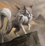 blue_eyes claws clouds cloudy_sky commentary creature english_commentary full_body gen_7_pokemon highres lycanroc mcgmark mountain no_humans outdoors pokemon pokemon_(creature) realistic signature sky solo standing wolf 