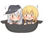  2girls anchor_symbol black_sailor_collar blonde_hair blue_jacket chibi commentary_request crescent crescent_moon_pin flat_cap hat hibiki_(kantai_collection) in_container in_pot jacket kantai_collection long_hair low_twintails multiple_girls ne neckerchief necktie oversized_object pot red_neckwear remodel_(kantai_collection) sailor_collar satsuki_(kantai_collection) school_uniform serafuku silver_hair simple_background solid_oval_eyes twintails white_background yellow_neckwear 