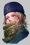  1girl alternate_costume alternate_hairstyle blonde_hair blue_coat blue_eyes blue_headwear coat cropped_torso from_below fur_hat gloves grey_background hankuri hat ice kolin long_hair long_sleeves parted_lips scarf simple_background solo street_fighter street_fighter_v ushanka winter_clothes 