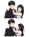  1boy 1girl bangs black_hair black_jacket blunt_bangs breasts buttons chitanda_eru closed_eyes commentary_request green_eyes hair_between_eyes hand_on_another&#039;s_face hand_up hands_on_another&#039;s_face hands_up highres hyouka jacket long_hair long_sleeves looking_at_viewer medium_breasts mery_(apfl0515) open_mouth oreki_houtarou purple_neckwear sailor_collar school_uniform shirt signature simple_background smile tareme tongue upper_body violet_eyes white_background white_shirt 
