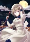  1girl cane clouds dress hand_up highres i-mixs iwanaga_kotoko kyokou_suiri light_brown_hair long_sleeves moon night night_sky short_hair sky smile tanuki violet_eyes white_dress youkai 