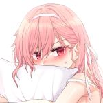  1girl blush girls_frontline hair_between_eyes headband jingo looking_at_another negev_(girls_frontline) pillow pillow_hug pink_eyes pink_hair solo sweatdrop upper_body white_background white_headband 