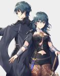  1boy 1girl armor back-to-back black_cape black_shorts blue_eyes blue_hair breasts brother_and_sister brown_legwear byleth_(fire_emblem) byleth_eisner_(female) byleth_eisner_(male) byleth_eisner_(female) byleth_eisner_(male) cape closed_mouth commentary_request cowboy_shot eyebrows_visible_through_hair fire_emblem fire_emblem:_three_houses fire_emblem:_three_houses fire_emblem_16 grey_background hair_between_eyes height_difference highres intelligent_systems kikugetsu long_hair looking_at_viewer looking_back male_my_unit_(fire_emblem:_three_houses) medium_breasts moe my_unit_(fire_emblem:_three_houses) navel nintendo pantyhose parted_lips serious short_shorts shorts shoulder_armor siblings simple_background thigh_gap v-shaped_eyebrows wrist_guards 