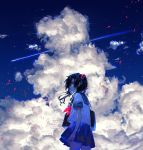  1girl bag black_hair clouds commentary contrast from_behind fuuna_(conclusion) glitch highres holding holding_bag long_hair looking_at_viewer looking_back miniskirt neckerchief original pink_neckwear pleated_skirt sailor_collar school_uniform serafuku shooting_star skirt sky solo star_(sky) starry_sky tagme twintails 