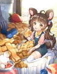  &gt;o&lt; 1girl ahoge animal_ear_fluff animal_ears apple_pie bangs blueberry brown_hair child commentary eating eyebrows_visible_through_hair food food_on_clothes food_on_face food_on_legs fork fruit full_body holding holding_food lerome light_brown_eyes long_hair looking_at_viewer minigirl mouse mouse_ears neckerchief open_mouth original overalls seiza short_sleeves sitting solo_focus strawberry tail thigh-highs twintails twitter_username very_long_hair white_legwear wristband yellow_neckwear 
