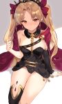  1girl arm_support black_legwear blonde_hair cape earrings ereshkigal_(fate/grand_order) eyebrows_visible_through_hair fate/grand_order fate_(series) hair_ribbon highres jewelry looking_at_viewer orange_eyes red_cape red_ribbon ribbon seon_(seonon_) single_sleeve single_thighhigh sitting solo spine thigh-highs tiara two_side_up 