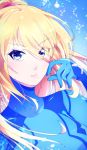  1girl blonde_hair blue_bodysuit blue_eyes bodysuit closed_mouth eyebrows_visible_through_hair floating_hair hair_between_eyes indisk_irio long_hair looking_at_viewer metroid mole mole_under_mouth ponytail portrait samus_aran solo turtleneck twitter_username very_long_hair zero_suit 