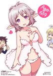  1girl 1other 2boys angel babydoll blush commentary_request crimvael ekuharu elf halfling hashtag highres ishuzoku_reviewers kanchal lona multiple_boys nail_polish navel pointy_ears stunk thighs thumbs_up white_hair 