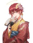  1girl :d alternate_costume arknights bangs blush exusiai_(arknights) fan folding_fan hair_between_eyes hair_ornament halo head_tilt highres holding holding_fan japanese_clothes kimono looking_at_viewer nail_polish open_mouth pink_nails qianjingya red_eyes red_kimono redhead short_hair simple_background smile solo upper_body white_background yellow_kimono 