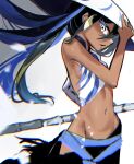 1girl absurdres black_hair blue_hair dark-skinned_female dark_skin eyeliner fate/grand_order fate_(series) hair_between_eyes hat highres long_hair long_sleeves makeup midriff mor multicolored_hair multiple_girls nakayoshi_saber navel ponytail shirt sidelocks single_sleeve solo streaked_hair trung_nhi_(fate) trung_sisters white_headwear white_shirt yellow_eyes