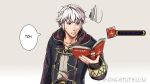  1boy amazingartistyellow annoyed artist_name bangs black_coat book brown_eyes coat collarbone fire_emblem fire_emblem_awakening gameplay_mechanics highres holding holding_book long_sleeves male_focus open_book open_clothes open_coat parted_lips pink_background robin_(fire_emblem) robin_(fire_emblem)_(male) silver_hair simple_background solo speech_bubble squiggle super_smash_bros. sweatdrop upper_body v-shaped_eyebrows 