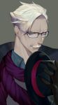  1boy anpakapan beard blue_eyes facial_hair fate/grand_order fate_(series) formal glasses gloves grey_hair hat highres holding holding_hat james_moriarty_(fate/grand_order) long_hair long_sleeves looking_at_viewer male_focus mustache scarf simple_background smile white_hair 