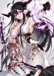  1girl antenna_hair bandaged_arm bandages black_gloves black_hair breasts danua draph dress fingerless_gloves gloves granblue_fantasy hair_between_eyes highres hinahino horns knife large_breasts long_hair puppet solo 