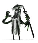  androgynous black_headwear black_legwear full_body green_eyes highres holding holding_sword holding_weapon long_sleeves looking_at_viewer original sheath sheathed simple_background sketch standing susudust sword weapon white_background 