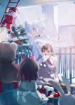  1boy 1girl accelerator ahoge brown_eyes brown_hair choker christmas_tree coat fur_trim gloves last_order open_mouth qniokun red_eyes santa_claus short_hair snowman stuffed_animal stuffed_bunny stuffed_toy teddy_bear to_aru_majutsu_no_index white_hair winter_clothes 