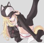  1girl baseball_cap black_jacket blonde_hair blue_eyes boots choker dog_tail fang foot_out_of_frame hand_in_pocket hat hat_with_ears highres hood hood_down hoodie jacket kmnz long_hair long_sleeves mc_lita open_mouth suu2510 tail thigh-highs thigh_boots virtual_youtuber 
