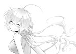  1girl ahoge bare_shoulders breasts closed_eyes frilled_shirt frills greyscale grin hair_between_eyes hair_ornament hair_scrunchie highres lanlanlap large_breasts long_hair looking_at_viewer looking_to_the_side low_twintails monochrome scrunchie senki_zesshou_symphogear shirt sleeveless sleeveless_shirt smile solo twintails white_background yukine_chris 