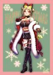  1girl absurdres bare_shoulders bell belt black_gloves boots bow breasts chan_(dlgkal123) christmas collar double_bun eyewear_on_head full_body girls_frontline gloves hair_bow hair_ornament hairclip hat highres huge_filesize leather leather_boots light_brown_hair medium_breasts merry_christmas midriff off_shoulder p90_(girls_frontline) pink_eyes platform_boots sack santa_costume santa_hat short_hair shorts signature solo strapless sunglasses thigh-highs thigh_boots thigh_strap tubetop walking yellow-tinted_eyewear zipper_pull_tab 