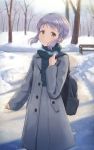  1girl backpack bag bench buttons coat commentary highres idolmaster idolmaster_million_live! long_sleeves looking_at_viewer makabe_mizuki park_bench plaid plaid_scarf purple_hair razi scarf short_hair sidelocks snow solo tree yellow_eyes 