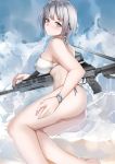  1girl absurdres beach bikini breasts defy_(girls_frontline) girls_frontline gun highres layered_bikini looking_at_viewer lubikaya1 lying rpk-16 rpk-16_(girls_frontline) short_hair silver_hair solo swimsuit violet_eyes weapon 