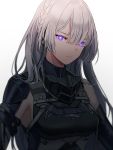  1girl ak-15_(girls_frontline) armor bangs bare_shoulders braid breasts closed_mouth eyebrows_visible_through_hair gas_mask girls_frontline glowing glowing_eyes hair_over_one_eye headset long_hair looking_at_viewer medium_breasts shoulder_guard silence_girl silver_hair simple_background sleeveless solo upper_body violet_eyes white_background 