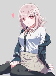  1girl beige_skirt black_jacket black_legwear breasts brown_hair commentary_request dangan_ronpa flipped_hair grey_background hair_ornament hairclip heart jacket large_breasts long_sleeves looking_at_viewer nanami_chiaki pink_eyes pleated_skirt shirt short_hair simple_background sitting sketti skirt smile solo super_dangan_ronpa_2 thigh-highs white_shirt 