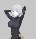  1girl bangs bodysuit bra breasts defy_(girls_frontline) girls_frontline grey_background hand_up highres looking_at_viewer open_mouth rpk-16_(girls_frontline) short_hair silver_hair simple_background solo underwear user_fwwt3275 violet_eyes 