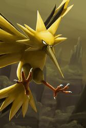  bird bird_focus claws creature flying full_body gen_1_pokemon highres legendary_pokemon mcgmark mountain no_humans pokemon pokemon_(creature) signature solo watermark web_address zapdos 