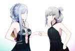  2girls ak-12_(girls_frontline) an-94_(girls_frontline) black_dress breasts closed_eyes defy_(girls_frontline) dress flower girls_frontline green_eyes hairband long_hair looking_at_another multiple_girls open_mouth silver_hair simple_background talnory white_background 