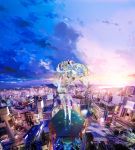  1girl 3d apapico bangs blue_eyes building city cityscape clouds crystal full_body hair_ornament hatsune_miku highres jacket outdoors scenery shorts sky solo standing torii twintails vocaloid 