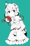  1girl @_@ absurdres ahoge cropped_torso frilled_sleeves frills green_background heart heart_ahoge highres komeiji_satori long_sleeves looking_at_viewer ma_sakasama short_hair sleeves_past_fingers sleeves_past_wrists solo spot_color third_eye touhou upper_body 