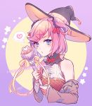  1girl adapted_costume aicedrop alternate_eye_color bare_shoulders blue_eyes blush cropped_torso doki_doki_literature_club hair_ornament hair_ribbon hairclip happy_halloween hat long_sleeves looking_at_viewer natsuki_(doki_doki_literature_club) o3o off_shoulder pink_hair red_ribbon ribbon short_hair solo star two_side_up wand witch_hat 