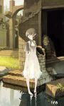  1girl barefoot breasts commentary dress fenrir_(buzhidaoshishuei) ico ladder pointy_ears short_hair silver_hair solo white_dress yorda 