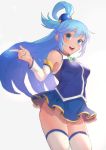  1girl aqua_(konosuba) blue_eyes blue_hair blue_skirt breasts detached_sleeves groin highres kono_subarashii_sekai_ni_shukufuku_wo! long_hair looking_at_another medium_breasts no_panties otsukemono pointing_to_the_side ponytail skirt smile solo thigh-highs thighs white_background zettai_ryouiki 