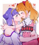  2girls :d ^_^ aisaki_emiru black_choker blush bow choker closed_eyes closed_mouth eyebrows_visible_through_hair hair_bow hairband heart hug hugtto!_precure long_hair looking_at_another low_twintails multiple_girls negom open_mouth orange_hair precure puffy_short_sleeves puffy_sleeves purple_hair red_bow ruru_amour short_hair short_sleeves smile twintails violet_eyes yellow_hairband yuri 