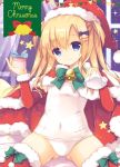  1girl arm_up ass bell blonde_hair blue_eyes bow cape christmas commentary_request covered_navel fur_trim gift hair_bow hair_ornament hairclip hat holding long_hair original purinko red_cape red_headwear red_legwear ribbon santa_hat school_swimsuit sitting smile solo spread_legs swimsuit thigh-highs thighs two_side_up white_school_swimsuit white_swimsuit 