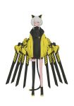  1girl absurdres belt black_footwear black_legwear full_body grey_hair highres jacket long_sleeves looking_at_viewer mechanical_wings original short_hair simple_background sketch solo standing susudust tail white_background wings yellow_eyes yellow_jacket 