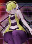  1girl animal_print black_legwear blonde_hair blue_eyes blush breasts closed_mouth gym_leader headphones highres kamitsure_(pokemon) kayama_kenji looking_at_viewer one_eye_closed pantyhose pokemon pokemon_(game) pokemon_bw short_hair smile solo zebra_print 